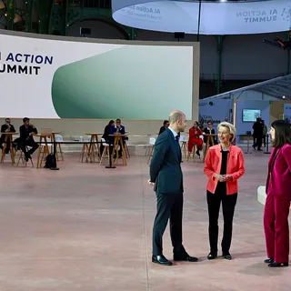 Jean-Noël Barrot, Ursula von der Leyen and Clara Chappaz at the AI Action Summit in Paris.