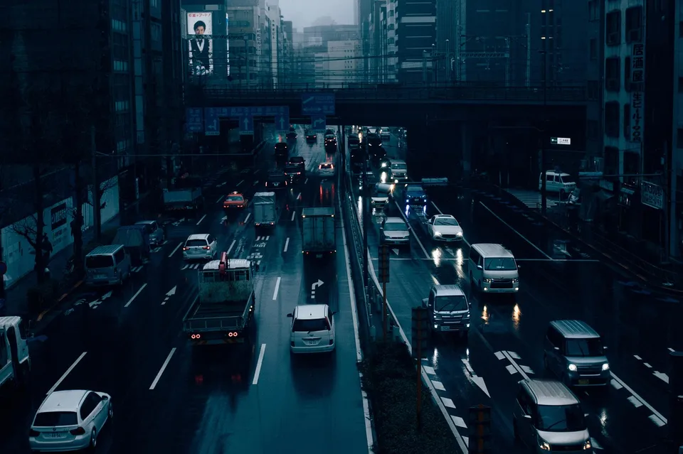 Traffic on a Tokyo street in the rain
